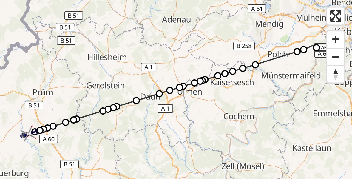 Flugroute Polizeihubschrauber Dieblich - Pintesfeld, 11 Mai 2026, 20:55