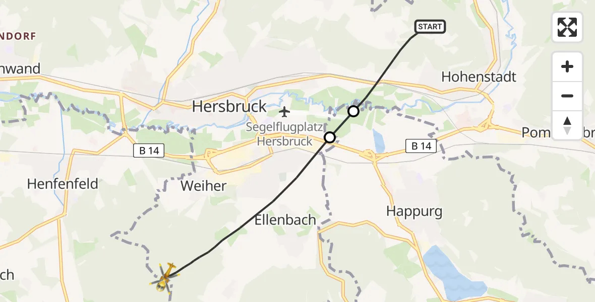 Flugroute Ambulanzhubschrauber Pommelsbrunn - Hersbruck, 11 Mai 2026, 21:25