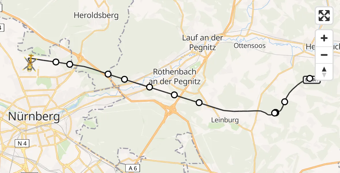 Flugroute Ambulanzhubschrauber Hersbruck - Flughafen Nuremberg, 11 Mai 2026, 21:33