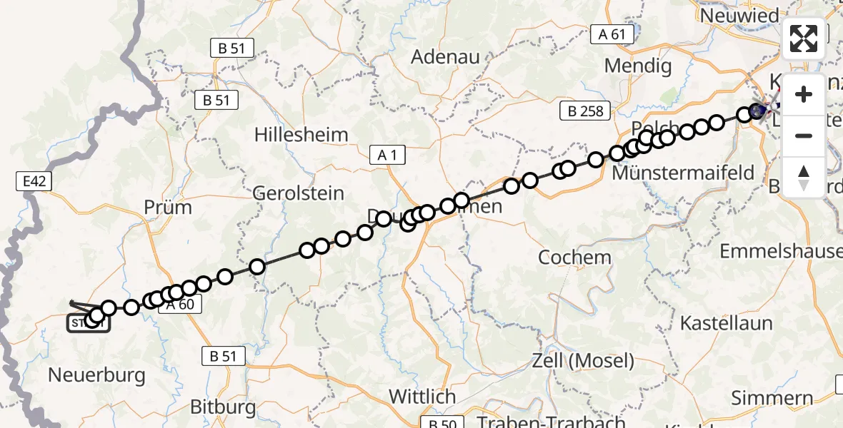 Flugroute Polizeihubschrauber Arzfeld - Koblenz-Winningen Flugplatz, 11 Mai 2026, 22:00