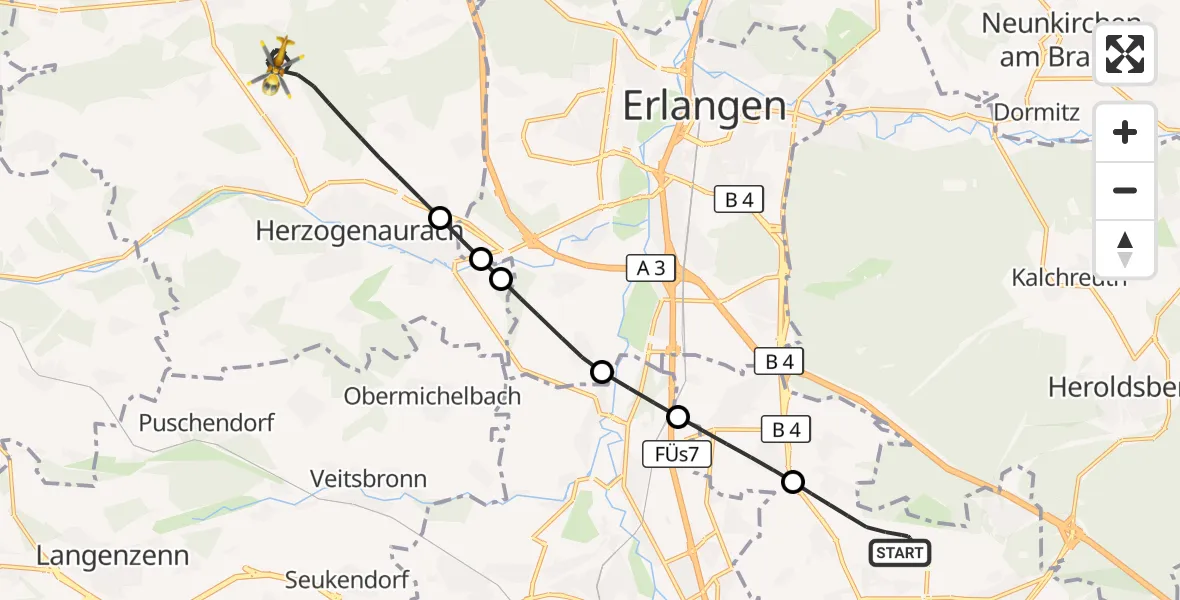 Flugroute Ambulanzhubschrauber Flughafen Nuremberg - Herzogenaurach, 11 Mai 2026, 22:44