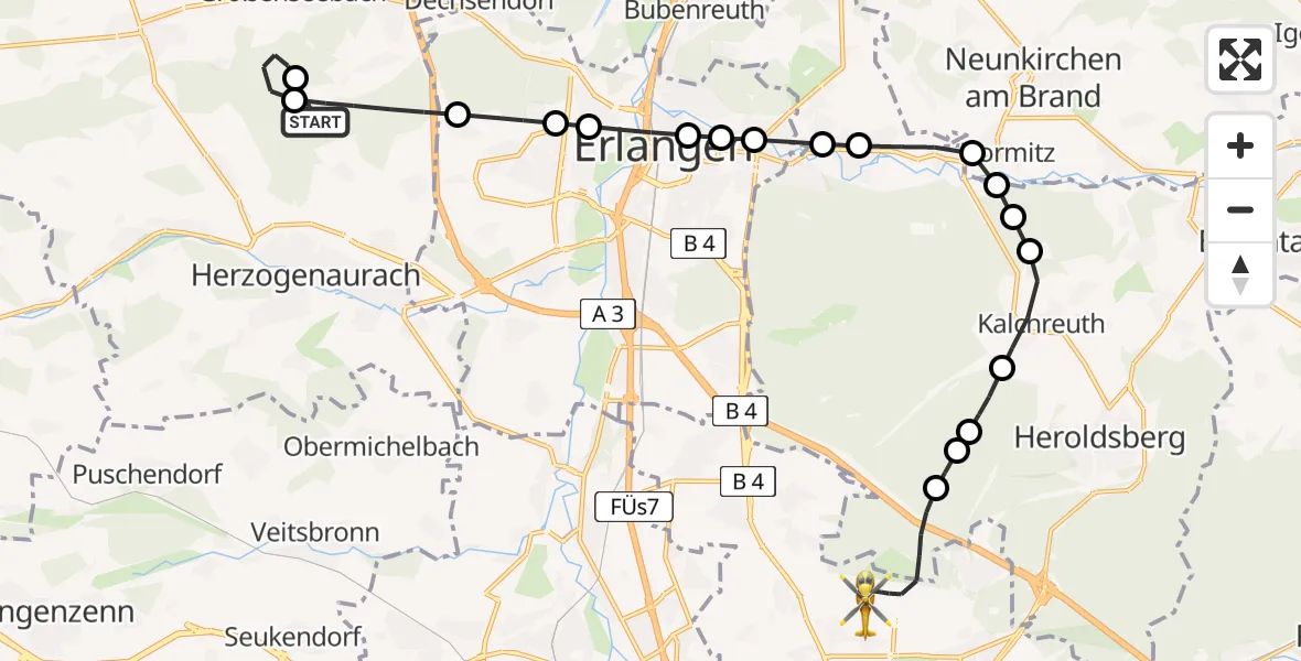 Flugroute Ambulanzhubschrauber Heßdorf - Flughafen Nuremberg, 11 Mai 2026, 23:30