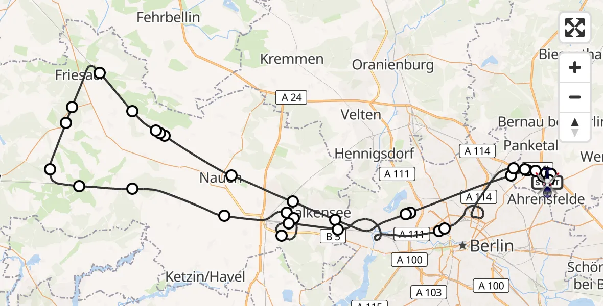 Flugroute Polizeihubschrauber Ahrensfelde Hubschrauberlandeplatz - Ahrensfelde Hubschrauberlandeplatz, 12 Mai 2026, 00:13