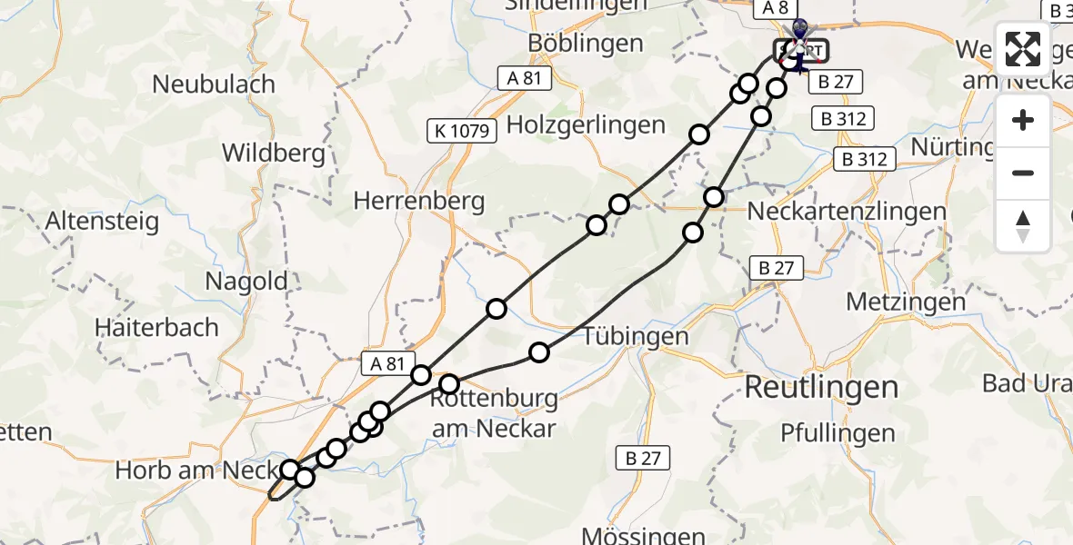 Flugroute Polizeihubschrauber Flughafen Stuttgart - Flughafen Stuttgart, 12 Mai 2026, 00:23