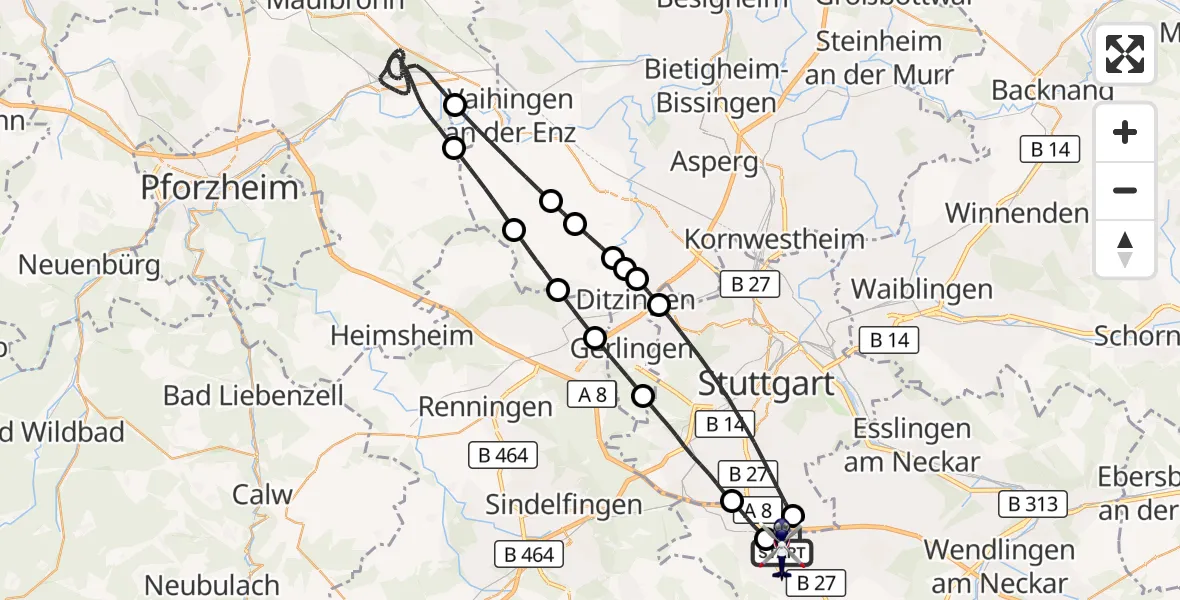 Flugroute Polizeihubschrauber Flughafen Stuttgart - Flughafen Stuttgart, 12 Mai 2026, 01:50