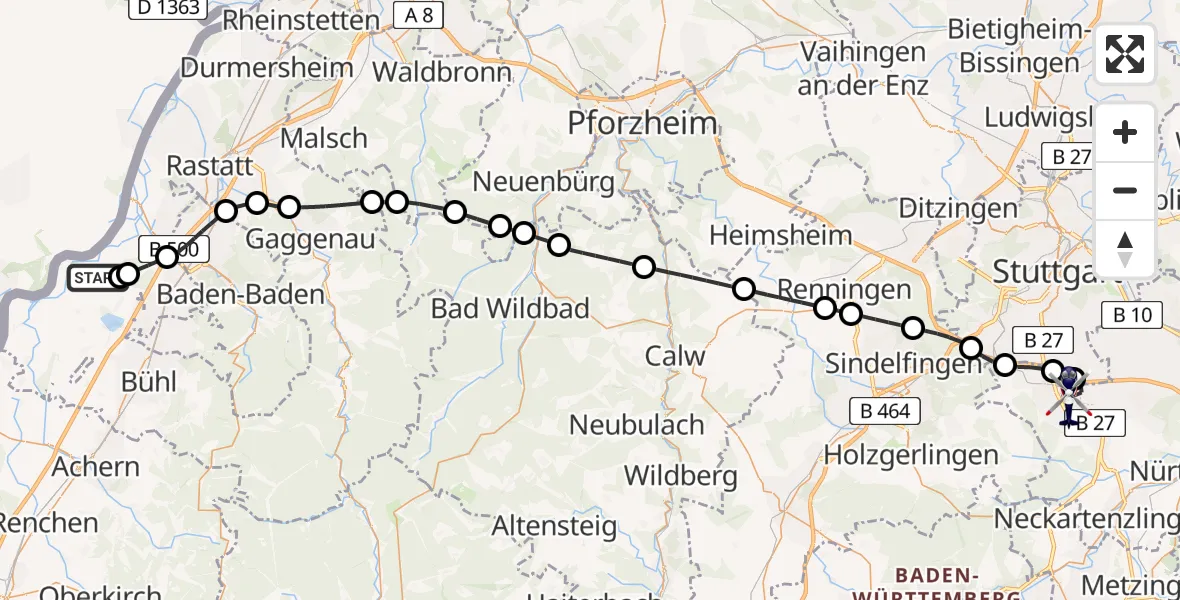 Flugroute Polizeihubschrauber Karlsruhe Baden-Baden Flughafen - Flughafen Stuttgart, 12 Mai 2026, 04:48