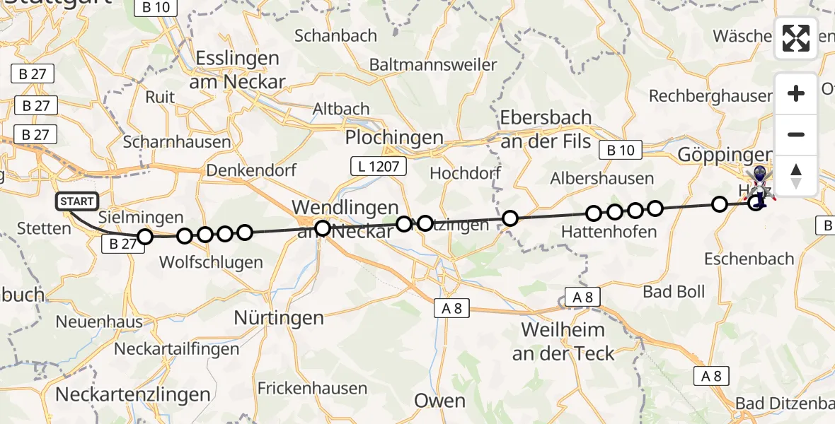 Flugroute Polizeihubschrauber Flughafen Stuttgart - Göppingen, 12 Mai 2026, 05:06