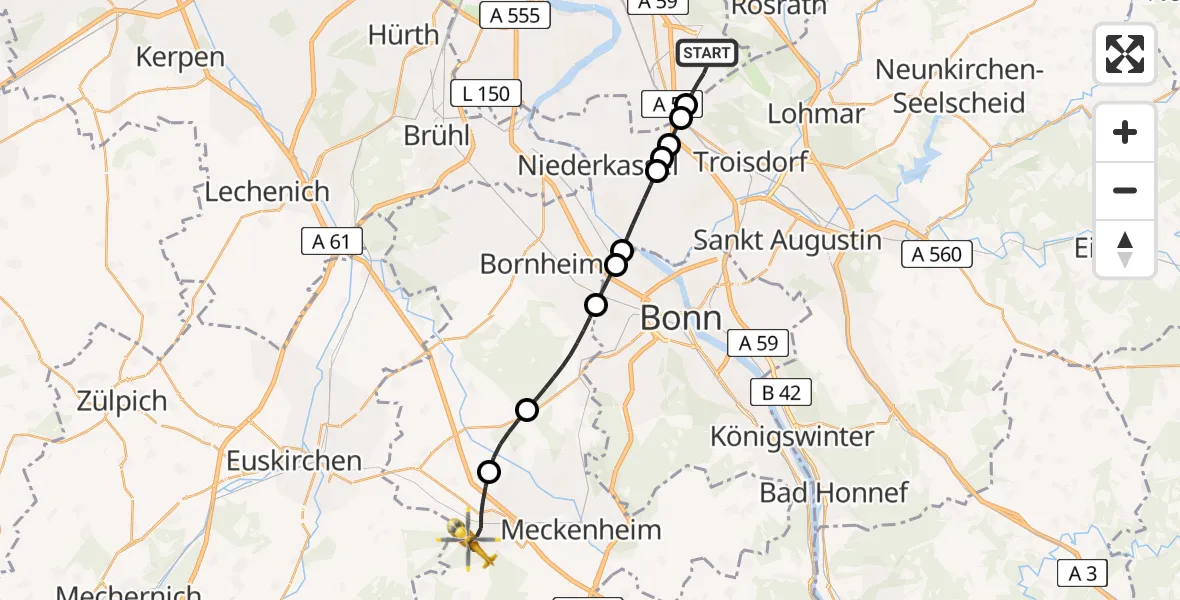 Flugroute Rettungshubschrauber Köln Bonn Flughafen - Rheinbach, 12 Mai 2026, 05:10