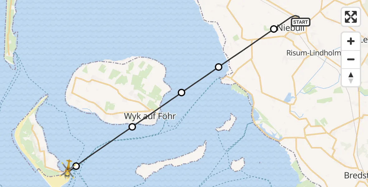 Flugroute Rettungshubschrauber Niebüll - Wittdün auf Amrum, 12 Mai 2026, 05:30