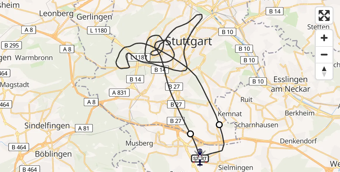 Flugroute Polizeihubschrauber Flughafen Stuttgart - Flughafen Stuttgart, 12 Mai 2026, 05:33