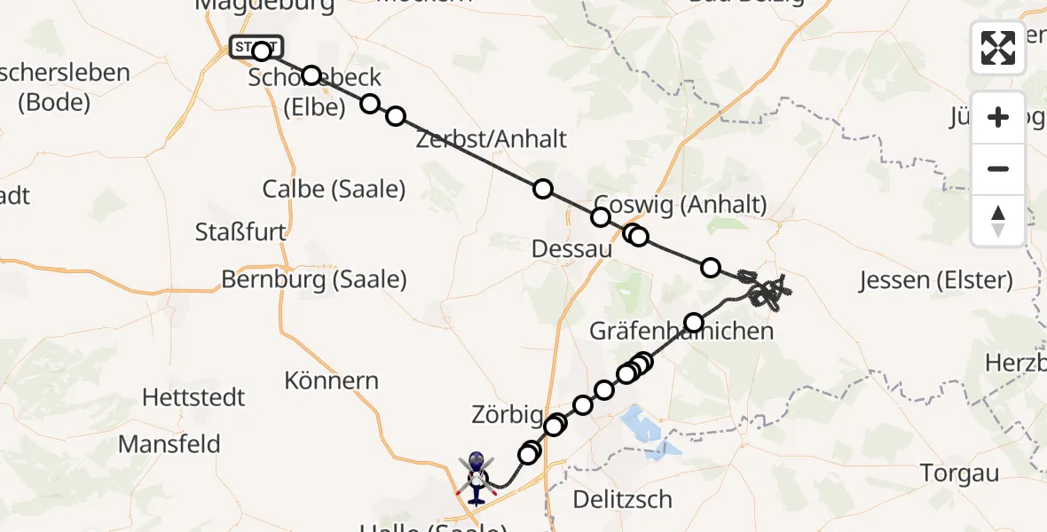 Flugroute Polizeihubschrauber Magdeburg City Flugplatz - Halle-Oppin Flugplatz, 12 Mai 2026, 05:34