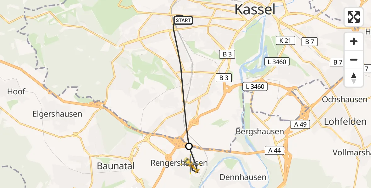 Flugroute Rettungshubschrauber Kassel - Baunatal, 12 Mai 2026, 05:54