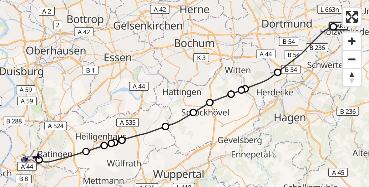 Flugroute Polizeihubschrauber Dortmund Flughafen - Düsseldorf Flughafen, 12 Mai 2026, 05:57
