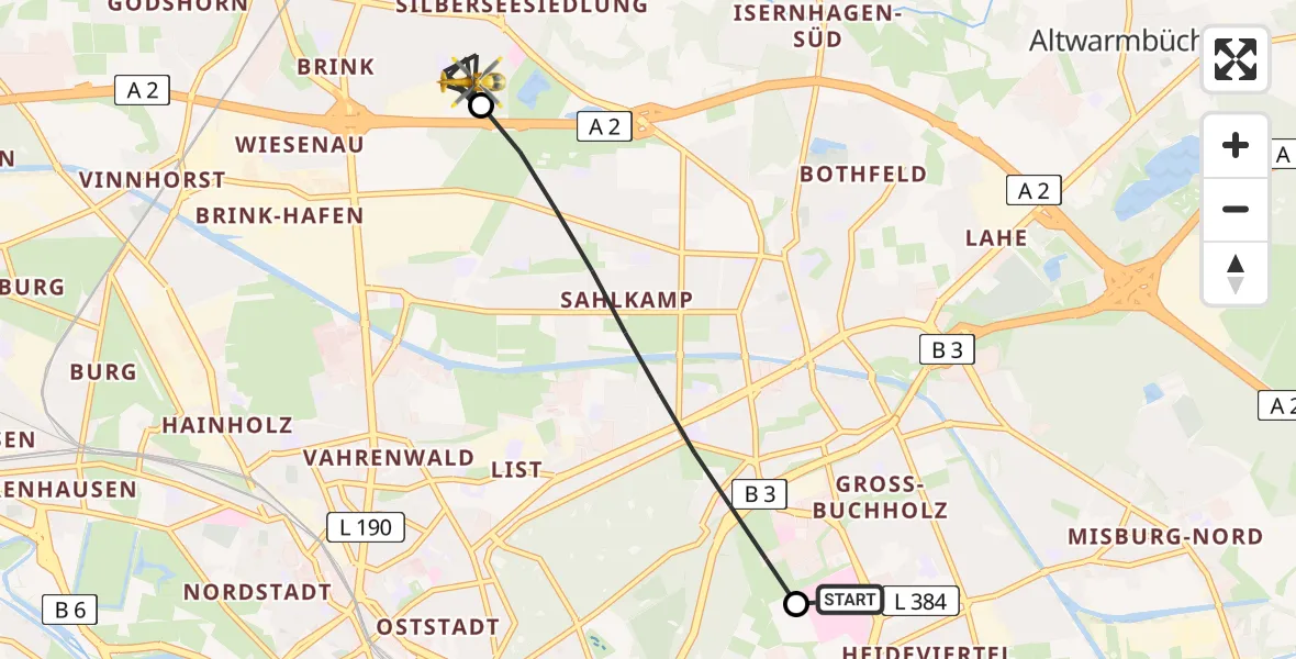 Flugroute Rettungshubschrauber Hannover Luftrettung Hubschrauberlandeplatz (Christoph 4) - Langenhagen, 12 Mai 2026, 05:59