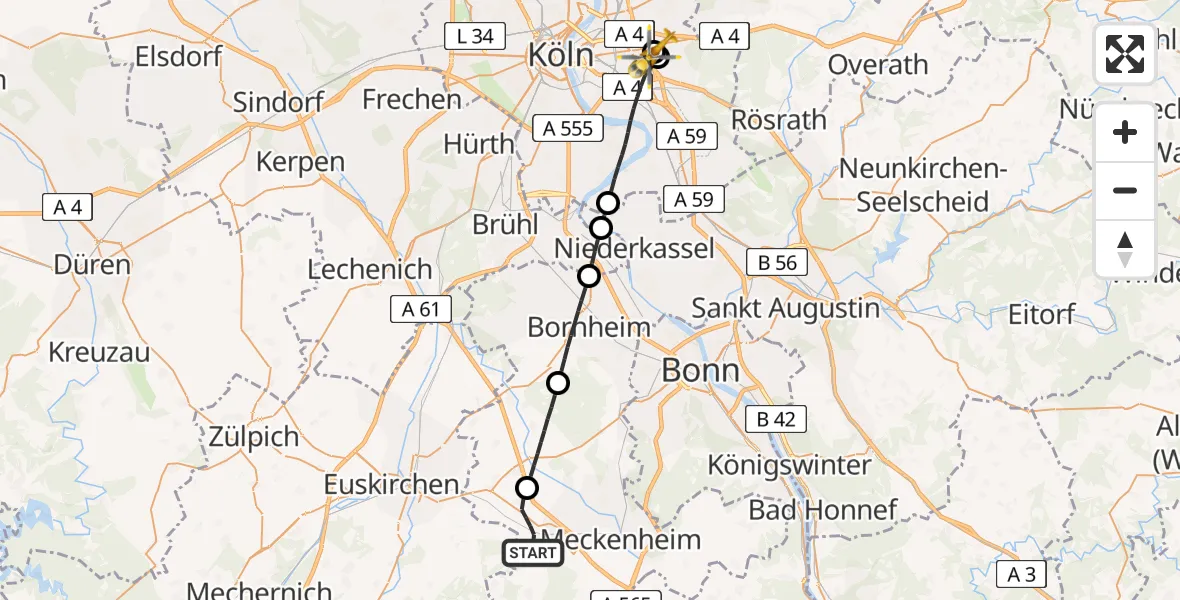 Flugroute Rettungshubschrauber Rheinbach - Merheim Hospital, 12 Mai 2026, 05:59