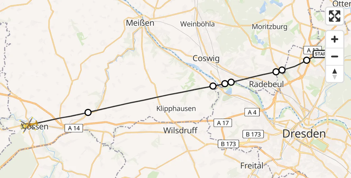 Flugroute Rettungshubschrauber Dresden Flughafen - Nossen, 12 Mai 2026, 06:06