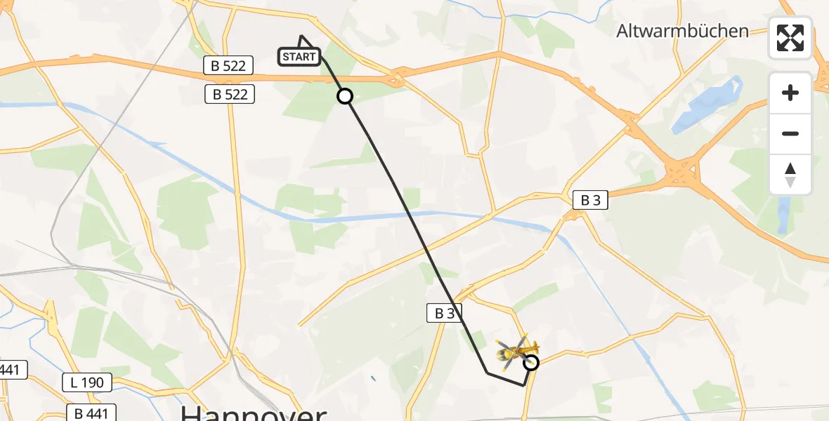 Flugroute Rettungshubschrauber Langenhagen - Hannover Luftrettung Hubschrauberlandeplatz (Christoph 4), 12 Mai 2026, 06:12