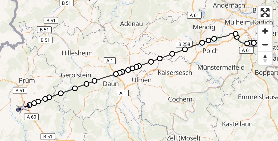 Flugroute Polizeihubschrauber Koblenz-Winningen Flugplatz - Dackscheid, 12 Mai 2026, 06:26