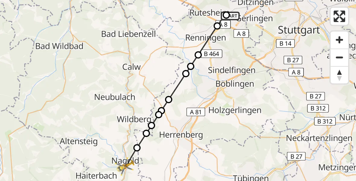 Flugroute Rettungshubschrauber Leonberg Hospital - Nagold, 12 Mai 2026, 06:33