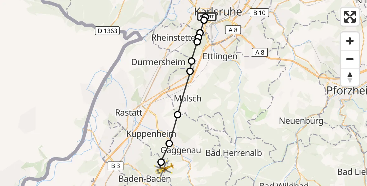 Flugroute Rettungshubschrauber Sankt Vincentius Hospital - Baden-Baden, 12 Mai 2026, 06:35