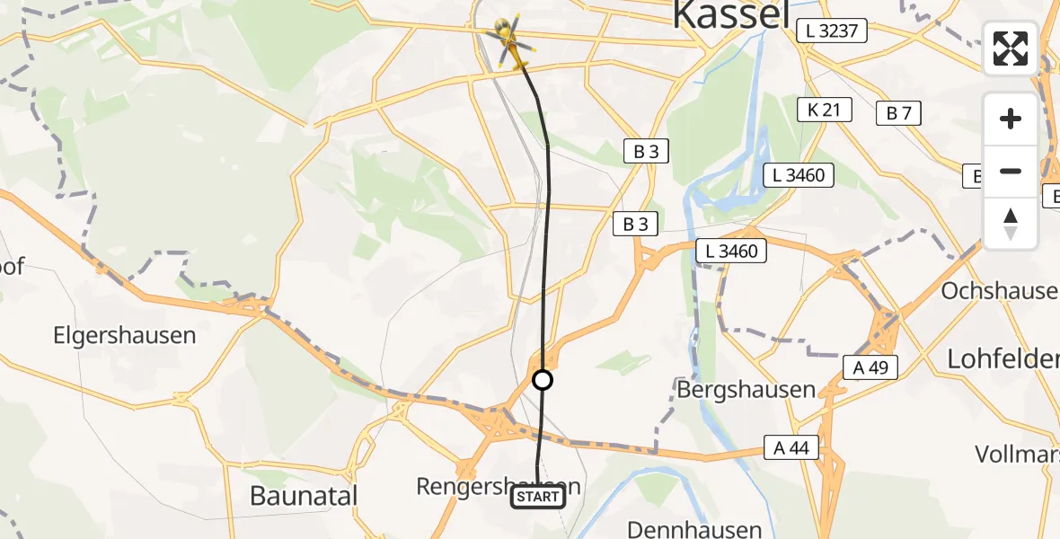 Flugroute Rettungshubschrauber Baunatal - Kassel, 12 Mai 2026, 06:35
