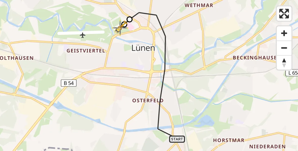Flugroute Rettungshubschrauber Lünen - Sankt Marien Hospital, 12 Mai 2026, 06:39
