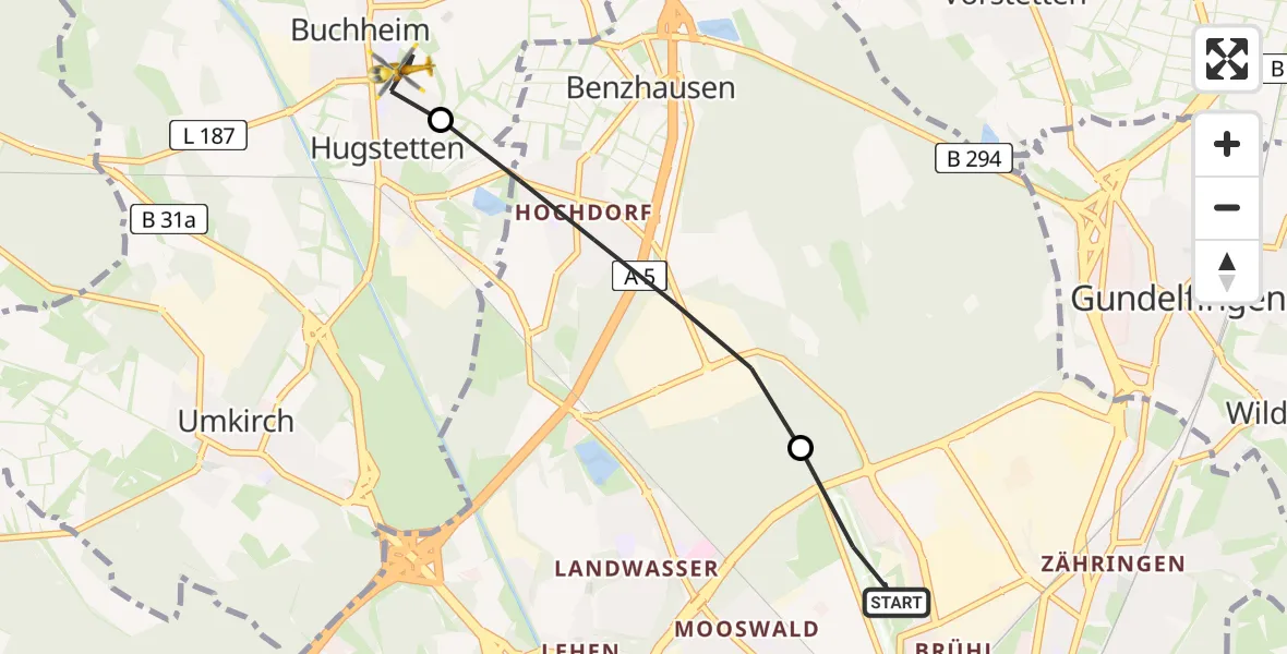 Flugroute Rettungshubschrauber Freiburg im Breisgau Flugplatz - March, 12 Mai 2026, 06:52