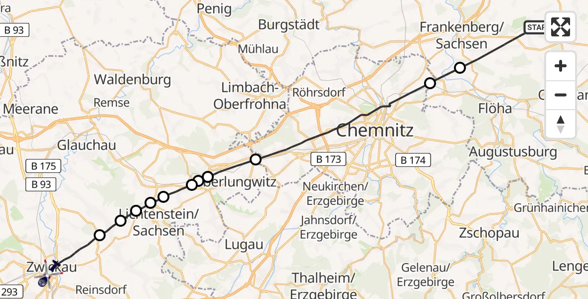 Flugroute Polizeihubschrauber Frankenberg/Sa. - Zwickau, 12 Mai 2026, 06:56