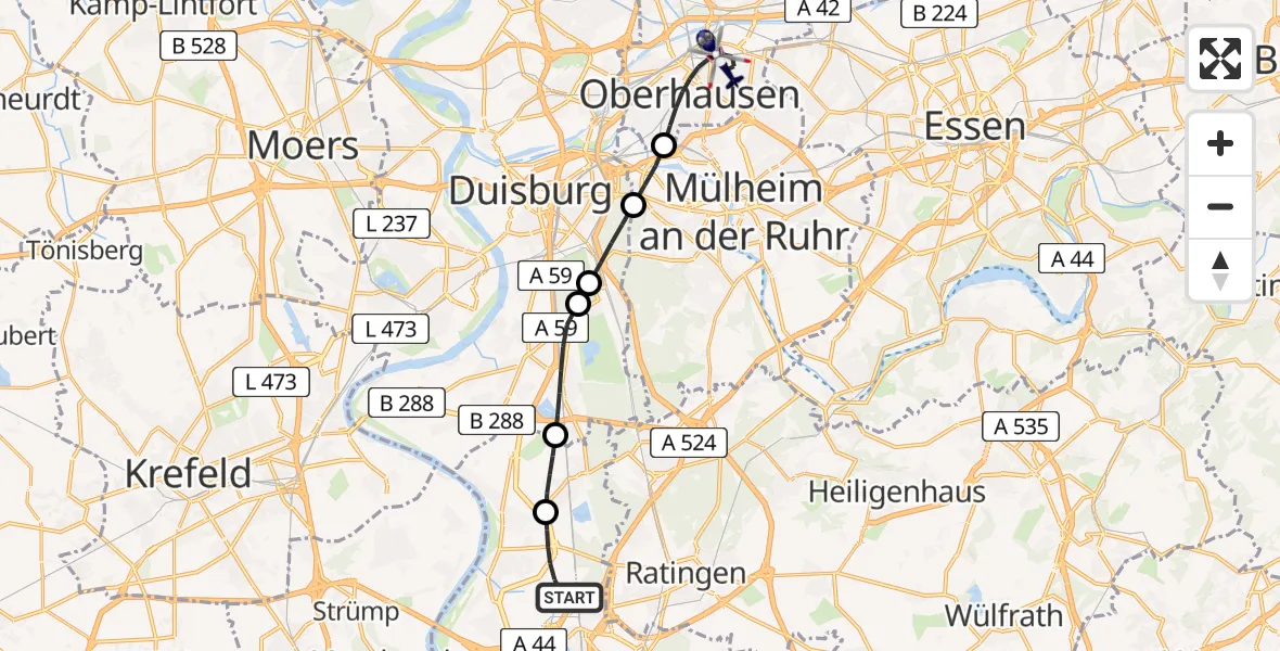 Flugroute Polizeihubschrauber Düsseldorf Flughafen - Oberhausen, 12 Mai 2026, 06:59