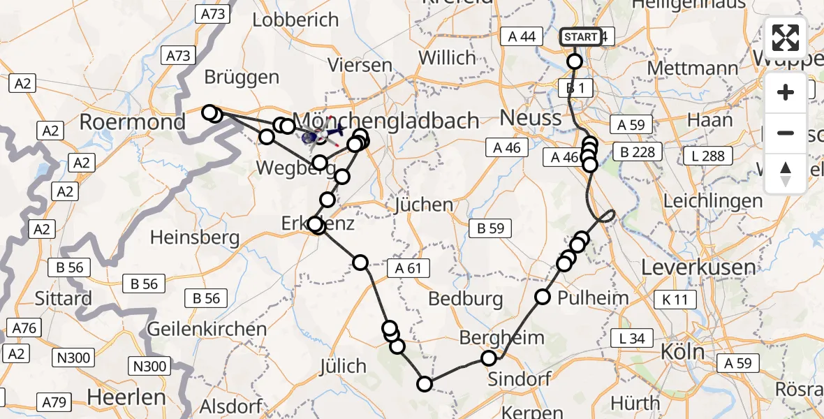 Flugroute Polizeihubschrauber Düsseldorf Flughafen - Mönchengladbach, 12 Mai 2026, 07:01