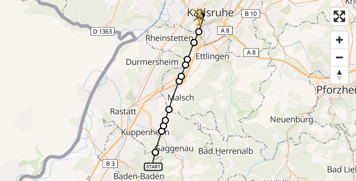 Flugroute Rettungshubschrauber Baden-Baden - Sankt Vincentius Hospital, 12 Mai 2026, 07:05