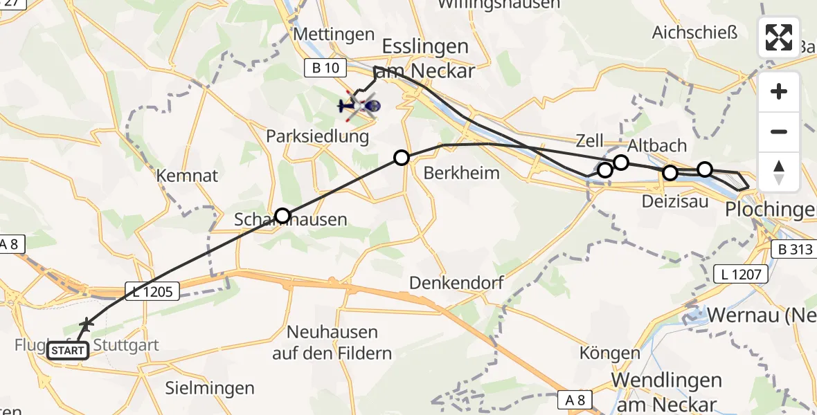 Flugroute Polizeihubschrauber Flughafen Stuttgart - Esslingen am Neckar, 12 Mai 2026, 07:05