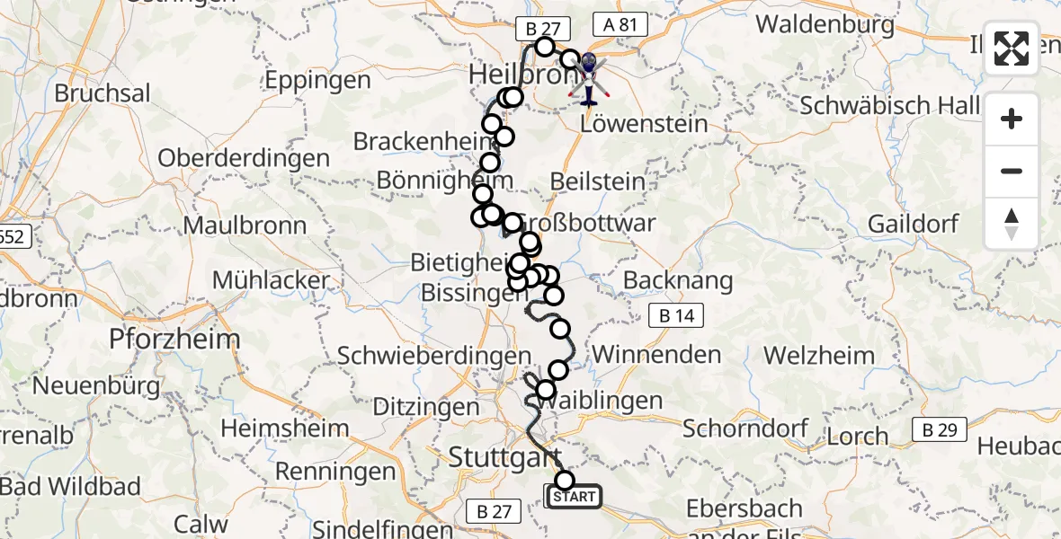 Flugroute Polizeihubschrauber Esslingen am Neckar - Weinsberg, 12 Mai 2026, 07:23