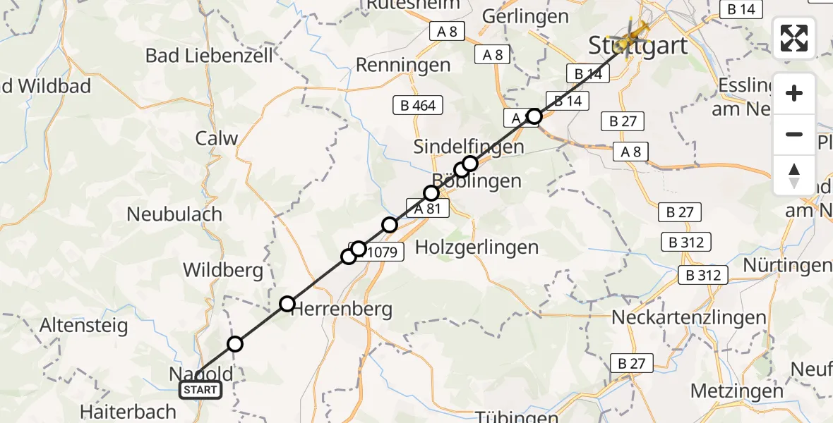 Flugroute Rettungshubschrauber Nagold - Stuttgart, 12 Mai 2026, 07:23
