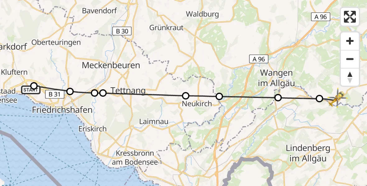 Flugroute Rettungshubschrauber Friedrichshafen Hospital - Argenbühl, 12 Mai 2026, 07:24