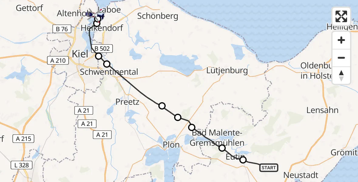 Flugroute Polizeihubschrauber Süsel - Kiel, 12 Mai 2026, 07:25