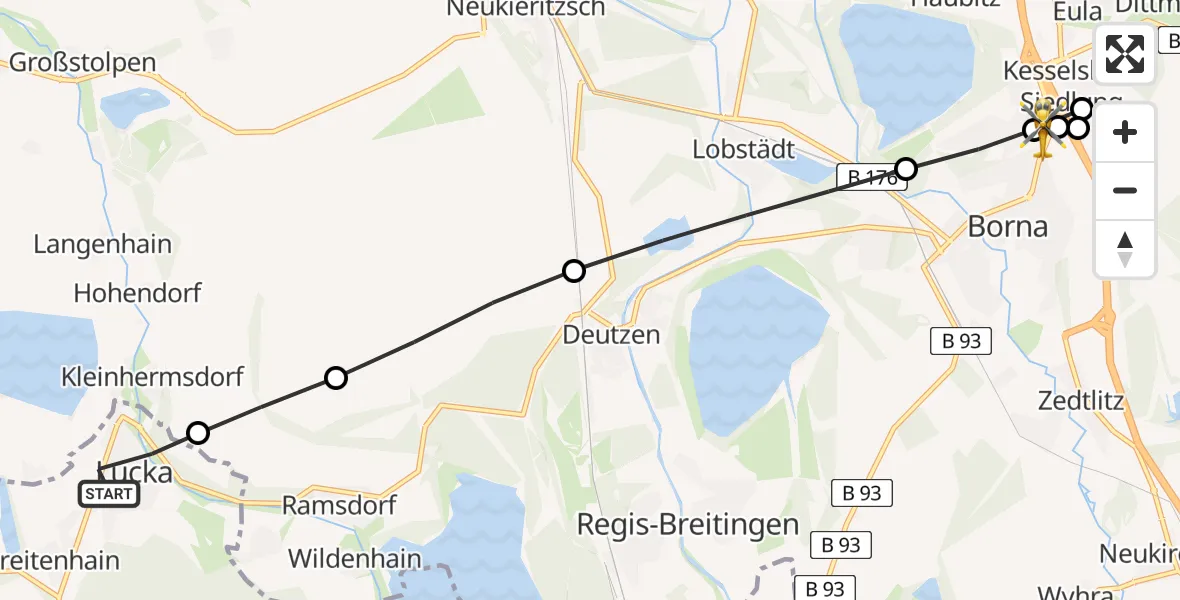 Flugroute Rettungshubschrauber Lucka - Sana Hospital Borna, 12 Mai 2026, 07:27