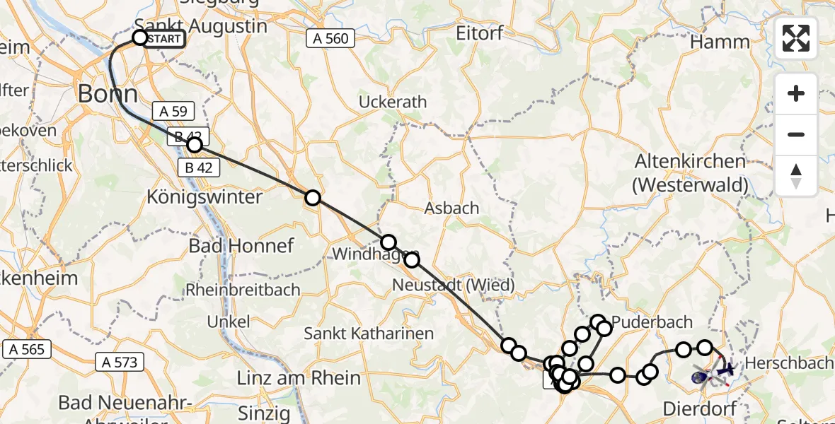 Flugroute Polizeihubschrauber Sankt Augustin - Dierdorf, 12 Mai 2026, 07:27