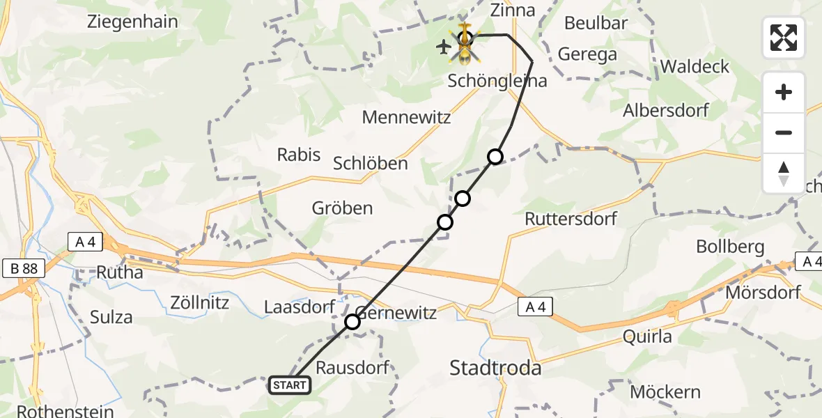 Flugroute Rettungshubschrauber Rausdorf - Jena-Schöngleina Flugplatz, 12 Mai 2026, 07:34