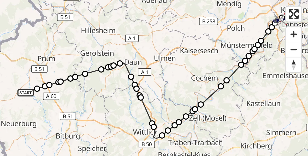 Flugroute Polizeihubschrauber Lichtenborn - Koblenz-Winningen Flugplatz, 12 Mai 2026, 07:35