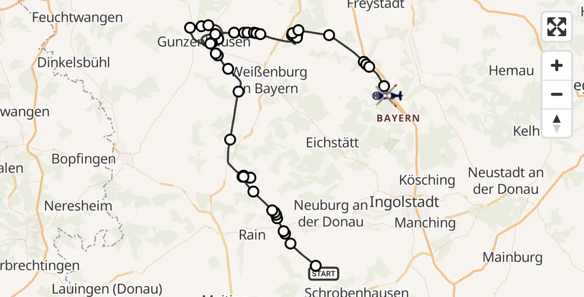 Flugroute Polizeihubschrauber Königsmoos - Kinding, 12 Mai 2026, 07:36