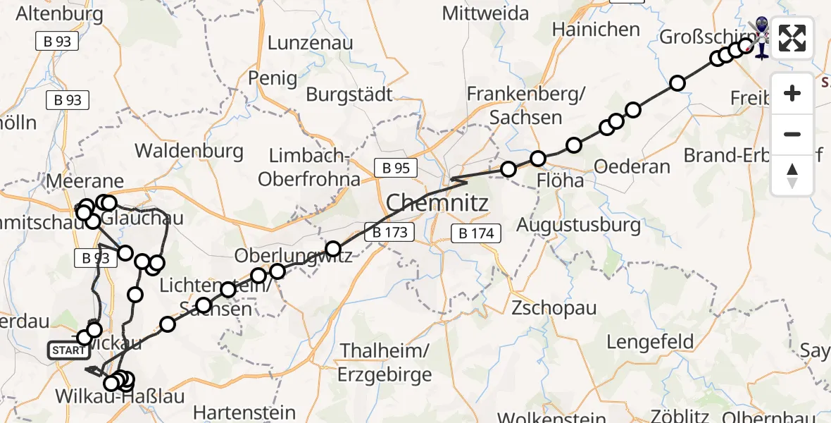 Flugroute Polizeihubschrauber Zwickau - Großschirma, 12 Mai 2026, 07:40