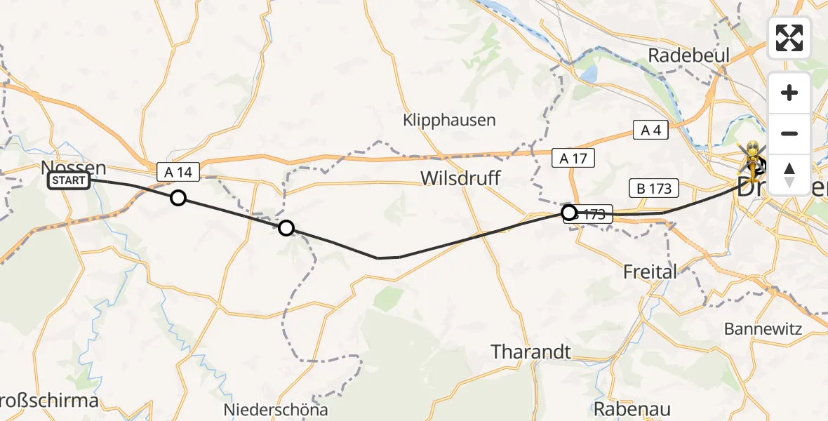 Flugroute Rettungshubschrauber Nossen - Dresden Friedrichstadt Hospital, 12 Mai 2026, 07:45