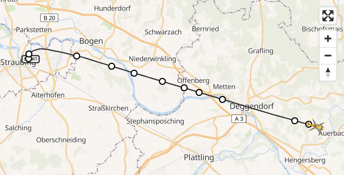 Flugroute Rettungshubschrauber Sankt Elisabeth Hospital Straubing - Auerbach, 12 Mai 2026, 07:46
