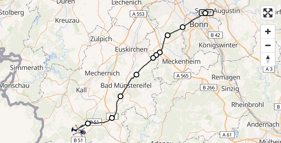 Flugroute Polizeihubschrauber Sankt Augustin - Dahlem, 12 Mai 2026, 07:47