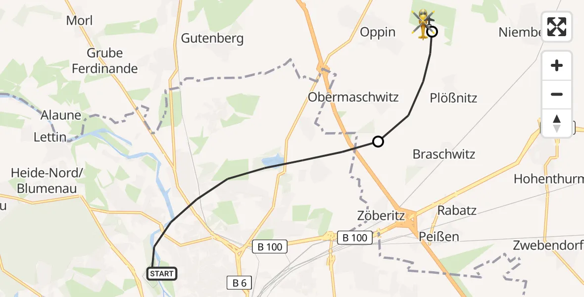 Flugroute Rettungshubschrauber Halle (Saale) - Halle-Oppin Flugplatz, 12 Mai 2026, 07:50