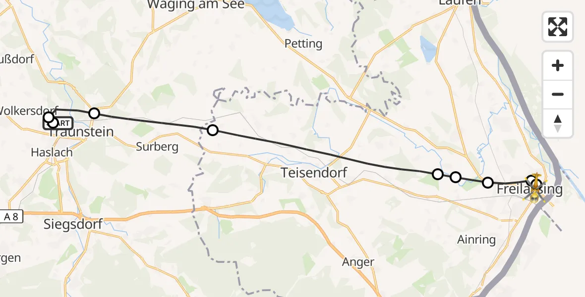 Flugroute Rettungshubschrauber Traunstein Hospital - Freilassing, 12 Mai 2026, 07:55