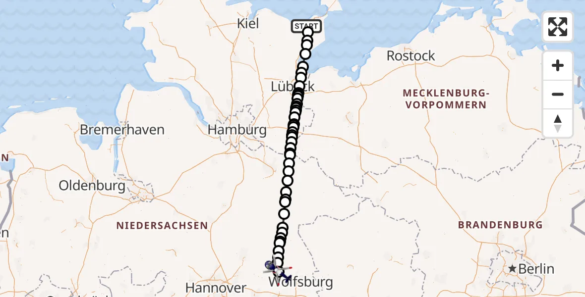 Flugroute Polizeihubschrauber Oldenburg in Holstein - Gifhorn Bundespolizei Hubschrauberlandeplatz, 12 Mai 2026, 07:56