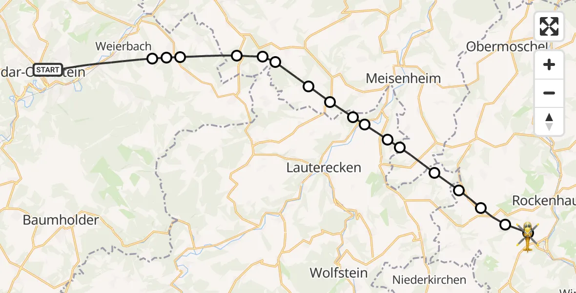 Flugroute Rettungshubschrauber Idar-Oberstein - Imsweiler UL, 12 Mai 2026, 07:57