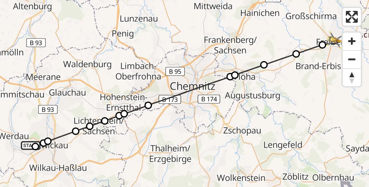 Flugroute Rettungshubschrauber ADAC Air Rescue Station Zwickau Hubschrauberlandeplatz - Freiberg, 12 Mai 2026, 08:06